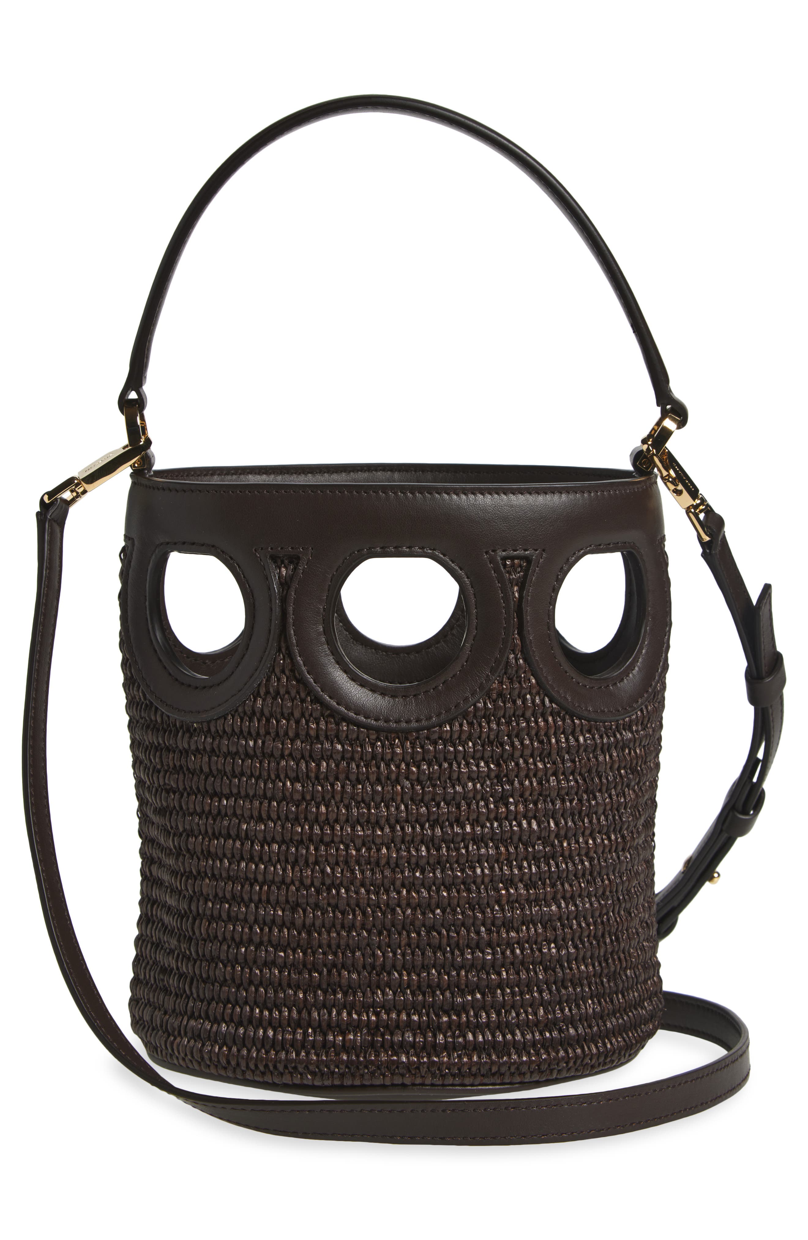 FERRAGAMO Mini Gancio Outline Raffia Bucket Bag, Alternate, color, T Moro/ Testa Di Moro