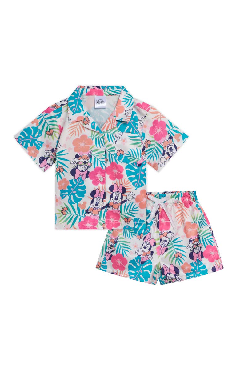 Disney Mickey Mouse & Friends Button-Down T-Shirt & Shorts Set, Main, color, Minnie Mouse Turquoise
