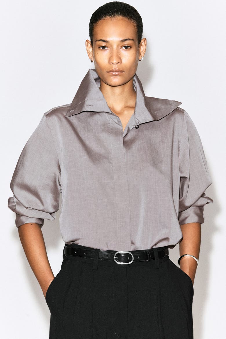 Mock-Neck Lyocell-Cotton Shirt, Alternate, color, MAUVE