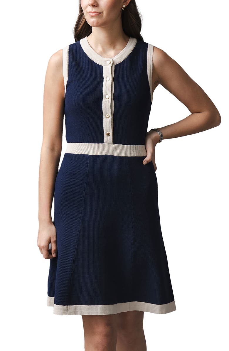 Hope & Henry Organic Sleeveless Button Front Sweater Dress, Main, color, Navy Tweed