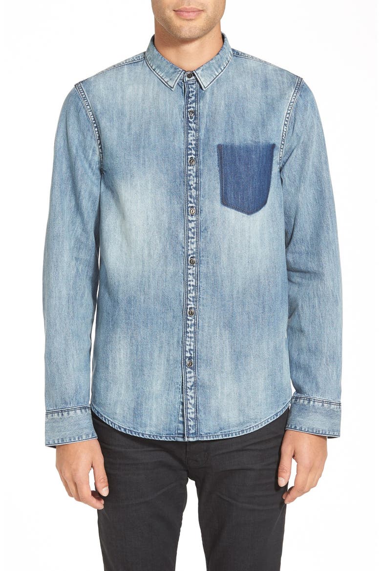 Treasure&Bond Button Down Denim Shirt, Main, color, MEDIUM BLUEWASH