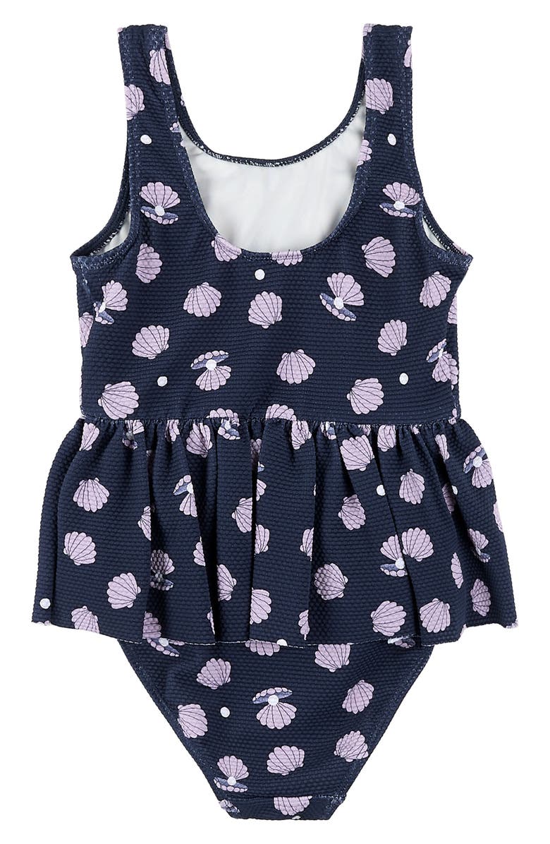 FIRSTS by Petit Lem Oyster Print Textured Skirted One-Piece Swimsuit, Alternate, color, Navy
