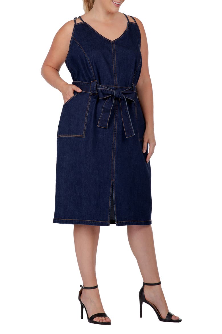 Double Strap Tie Waist Denim Midi Dress, Alternate, color, INDIGO RINSE
