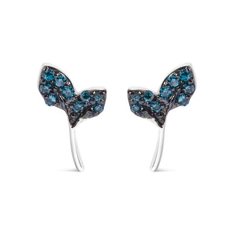 Sterling Silver Blue Treated Diamond Accent Leaf Stud Earrings