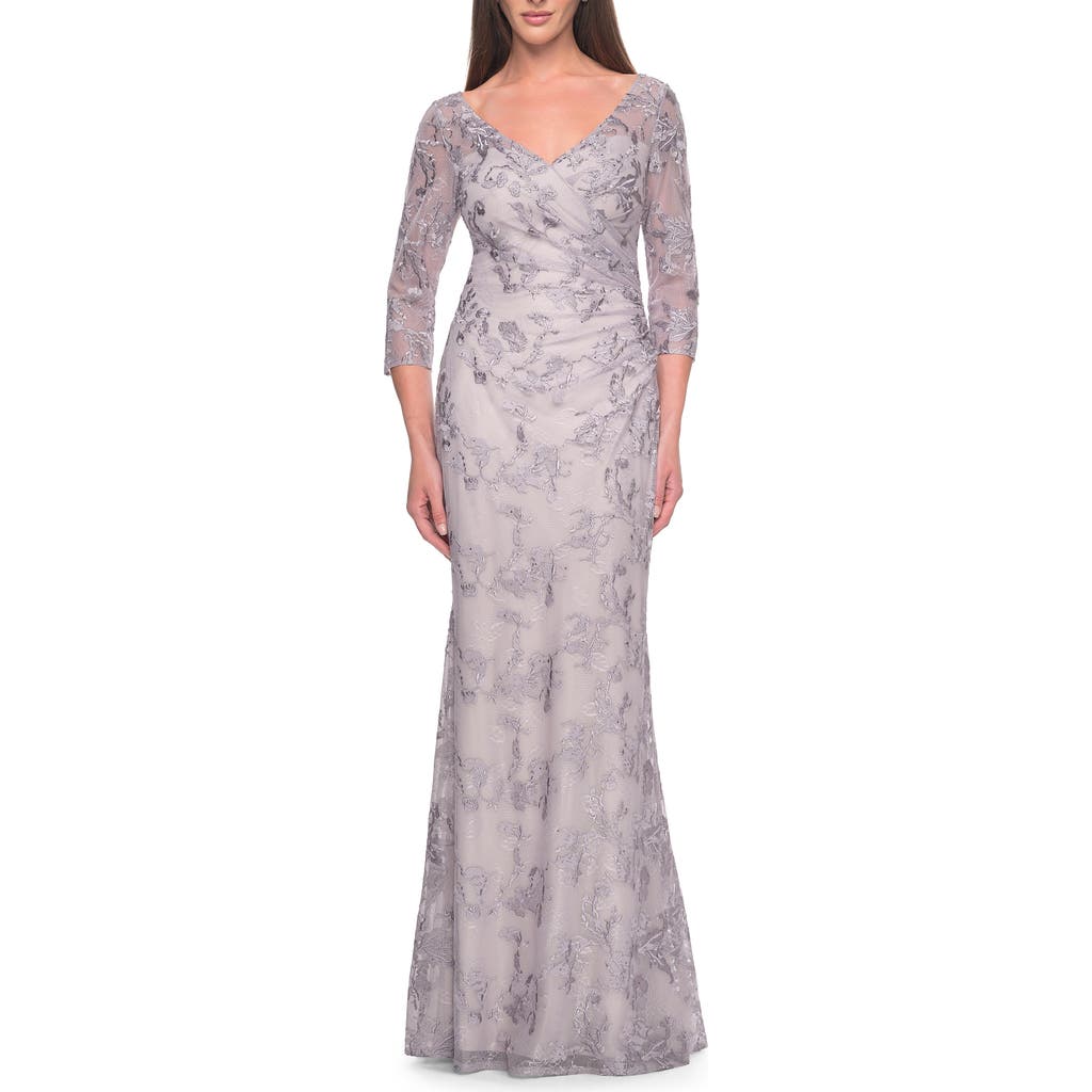 La Femme Pastel Lace Mother Of The Bride Gown With Three Quarter Sleeves