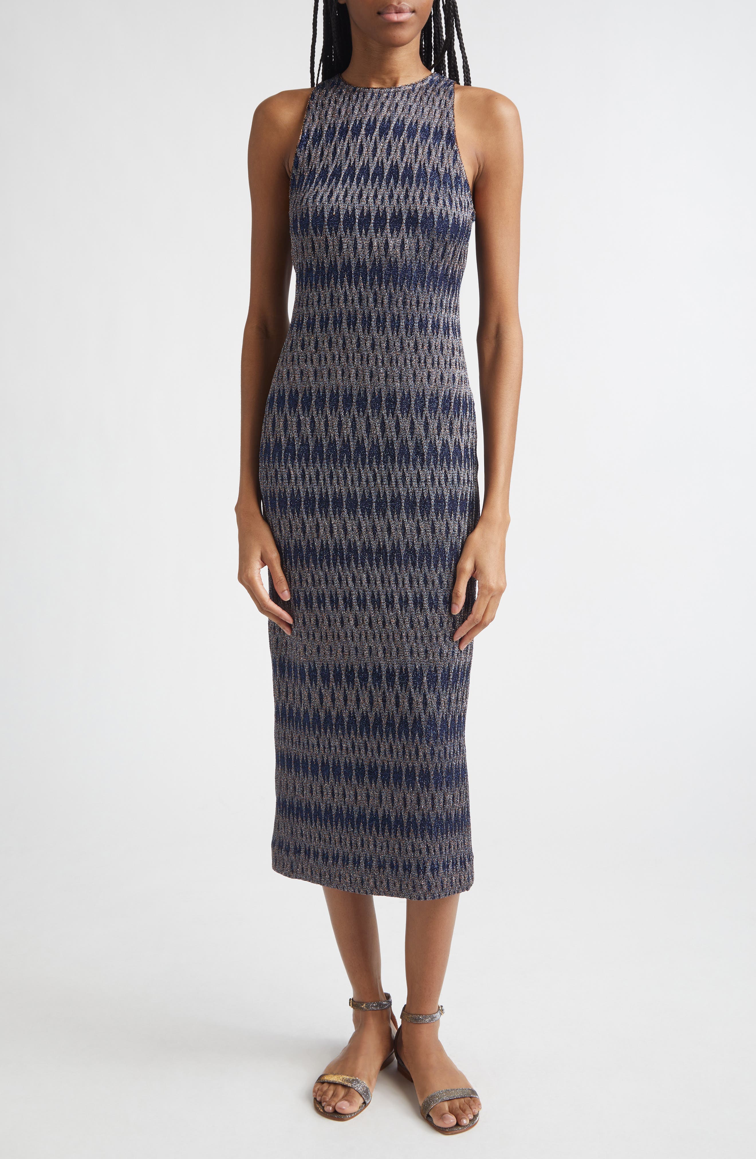 3D Diamond Pattern Lame Midi Dress