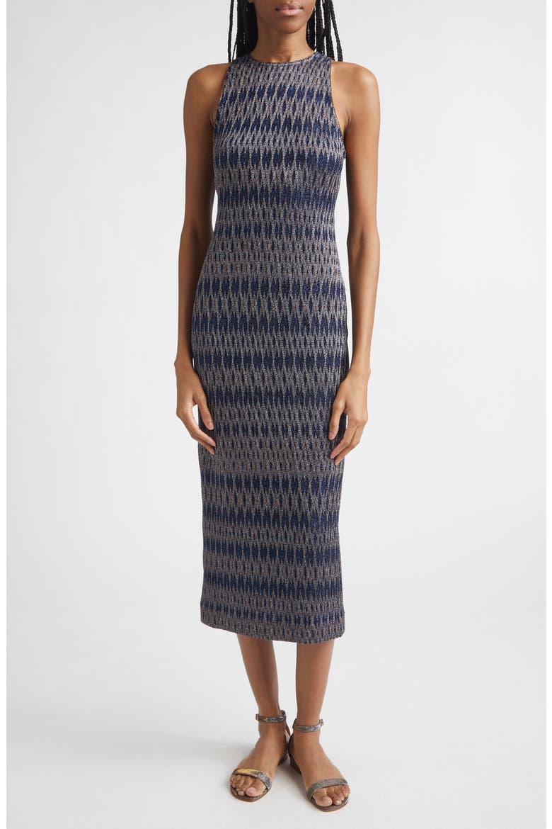 3D Diamond Pattern Lamé Midi Dress, Main, color, BLUE TONES