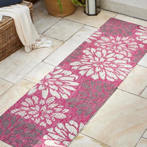 Jonathan Y Zinnia Modern Floral Textured Weave Indoor/outdoor Green/cream Square Area Rug In Fuchsia/light Gray