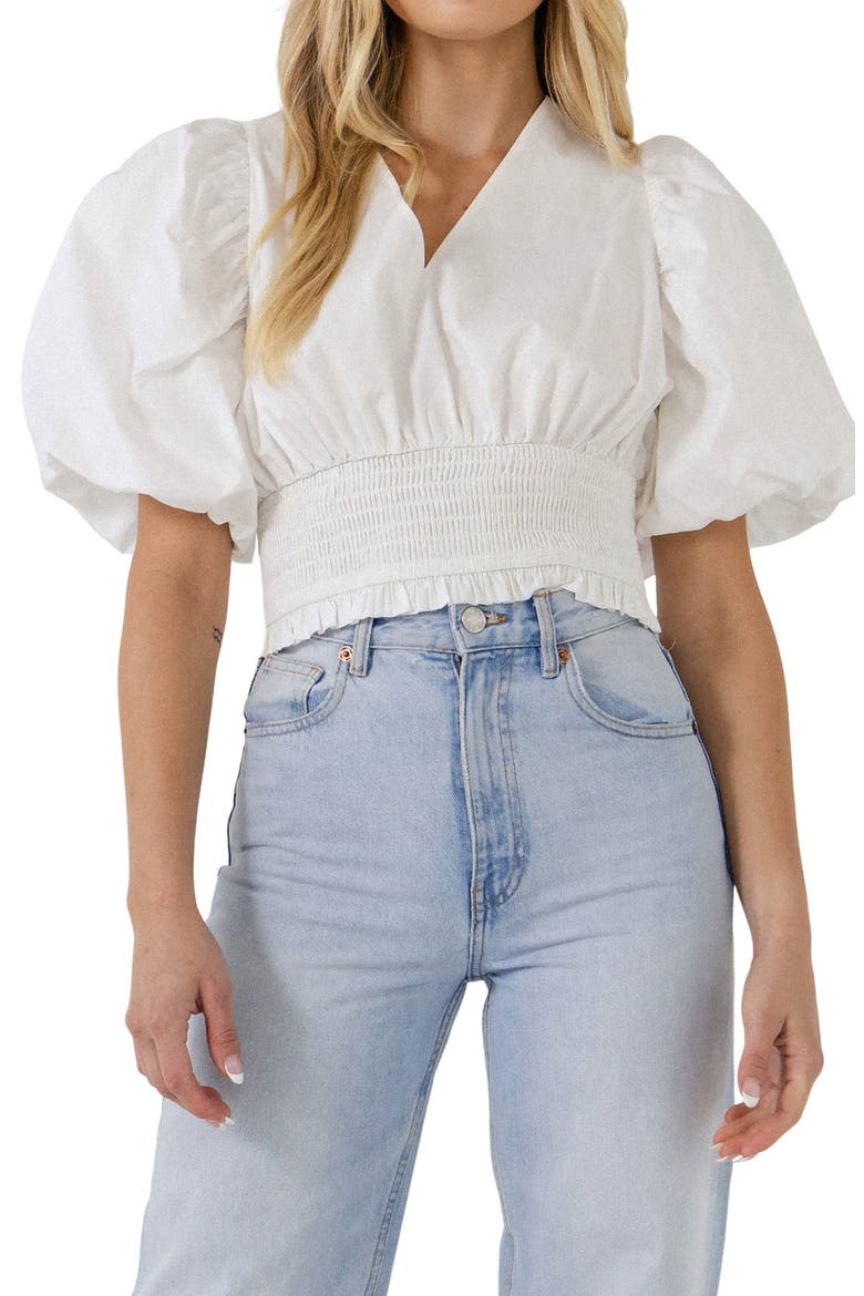 Smocked Waist Cotton Blouse, Main, color, WHITE