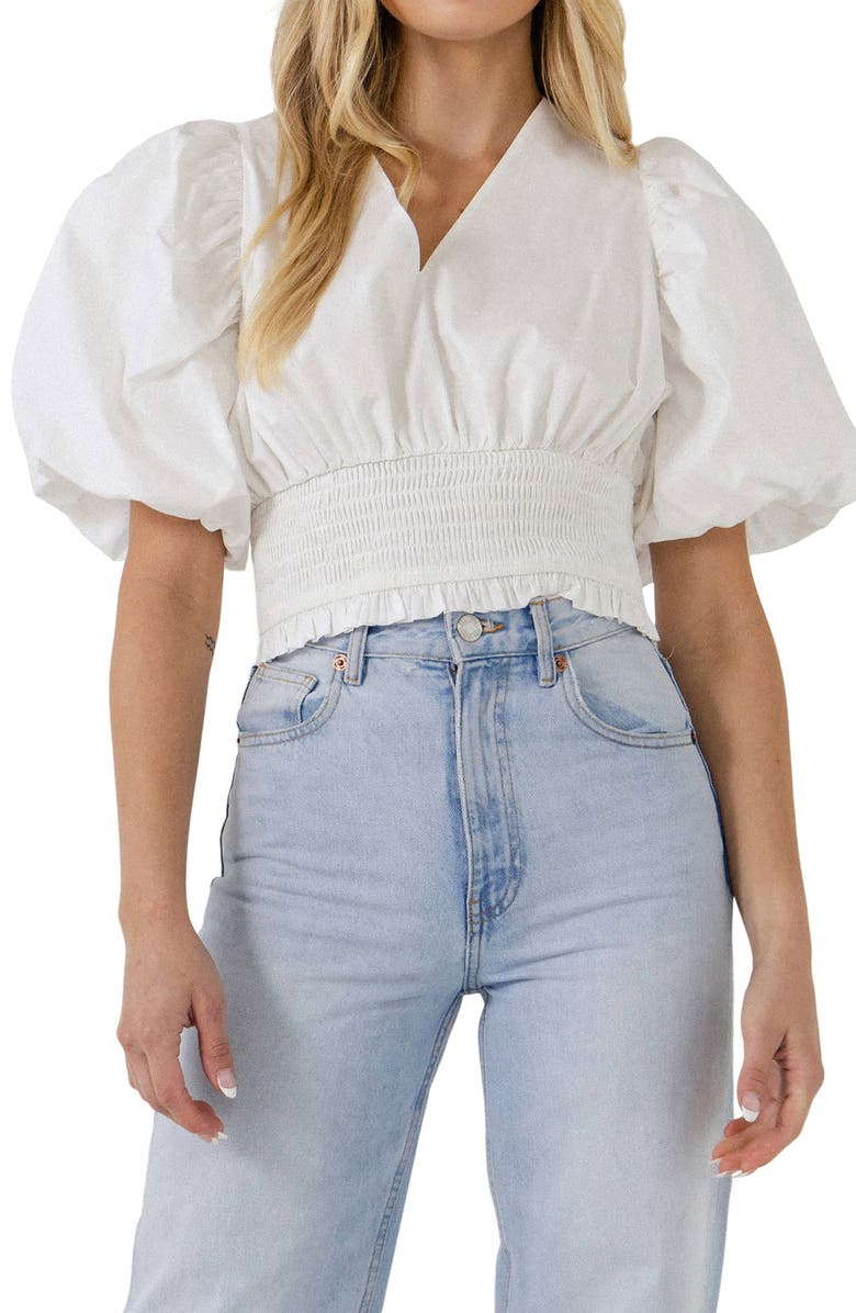 Endless Rose Smocked Waist Cotton Blouse, Main, color, White