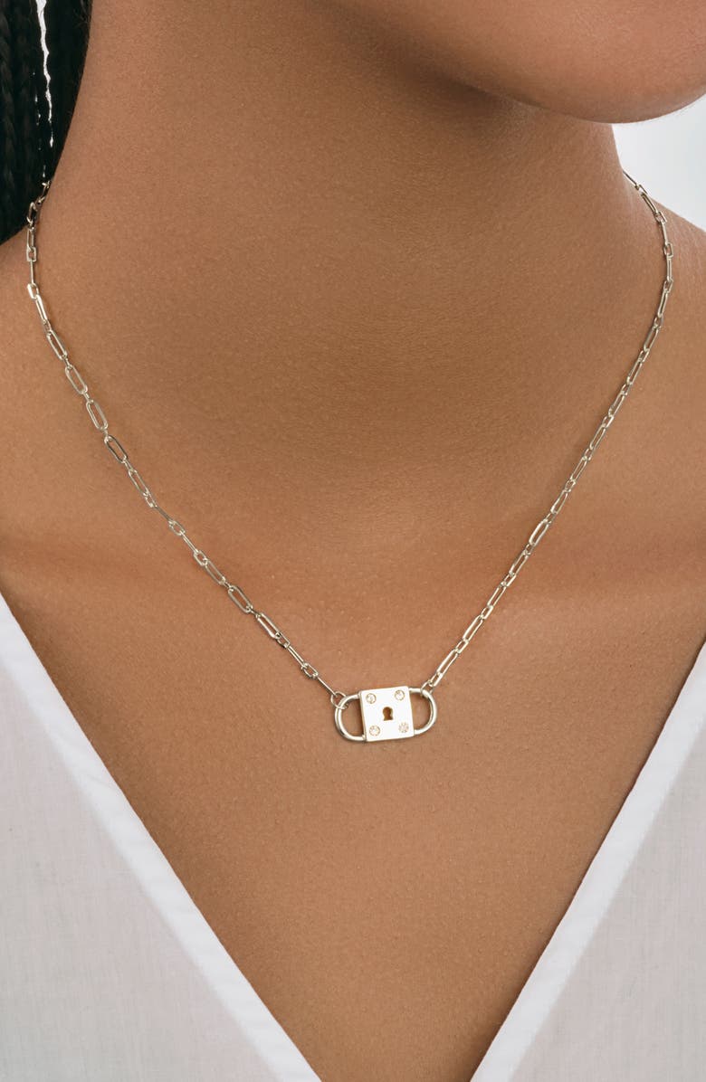 Sterling Forever Double Padlock Cubic Zirconia Pendant Necklace, Alternate, color, Silver