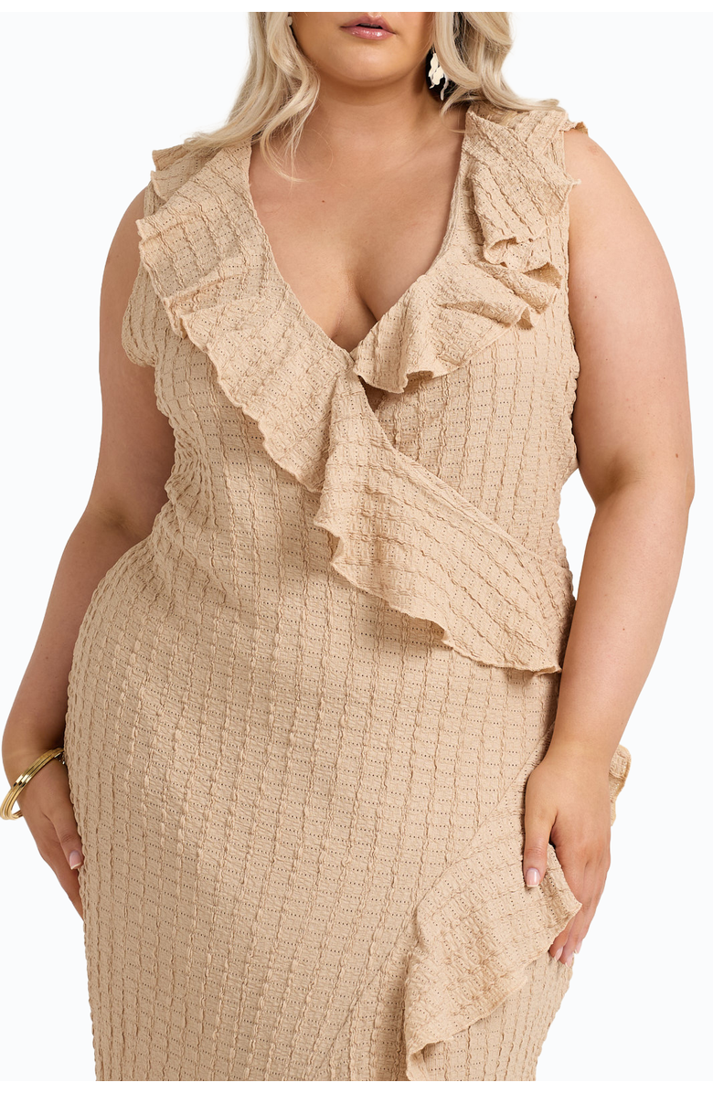 FASHION-SZN CURVE Ruffle Wrap Sleeveless Midi Dress, Alternate, color, Stone