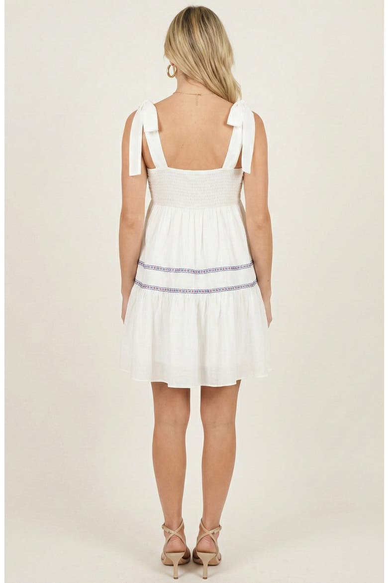 Sleeveless Tiered Mini Dress with Bow Tie Shoulder Straps and Smocked Empire Waist, Alternate, color, Ivory