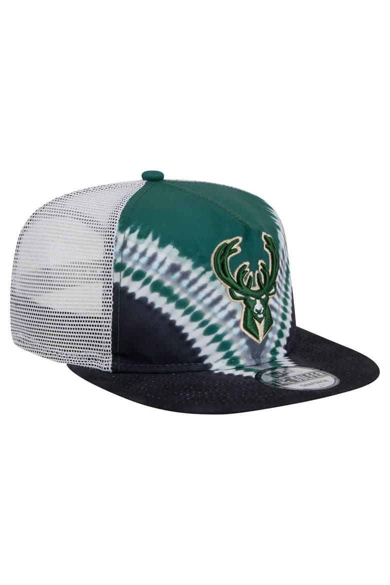 Men's New Era Black/Hunter Green Milwaukee Bucks Throwback Dye Golfer Snapback Hat, Alternate, color, Black