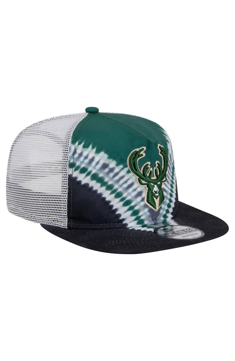 New Era Men's New Era Black/Hunter Green Milwaukee Bucks Throwback Dye Golfer Snapback Hat, Alternate, color, Black
