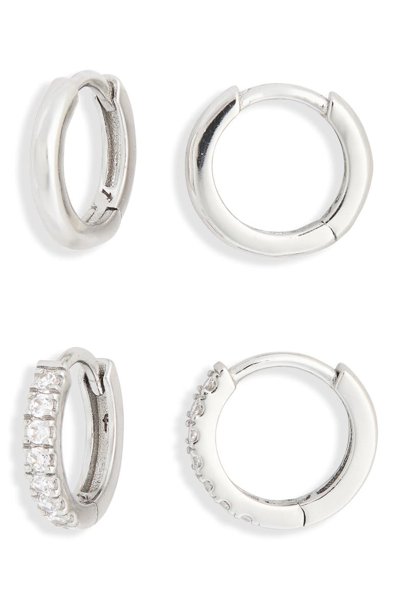 2-Piece 8mm Huggie Hoop Earrings Set, Main, color, CLEAR- SILVER