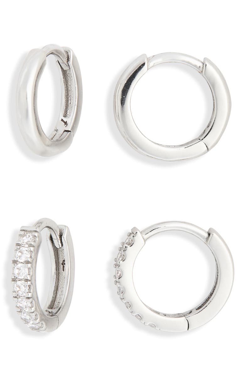 NORDSTROM RACK 2-Piece 8mm Huggie Hoop Earrings Set, Main, color, Clear- Silver