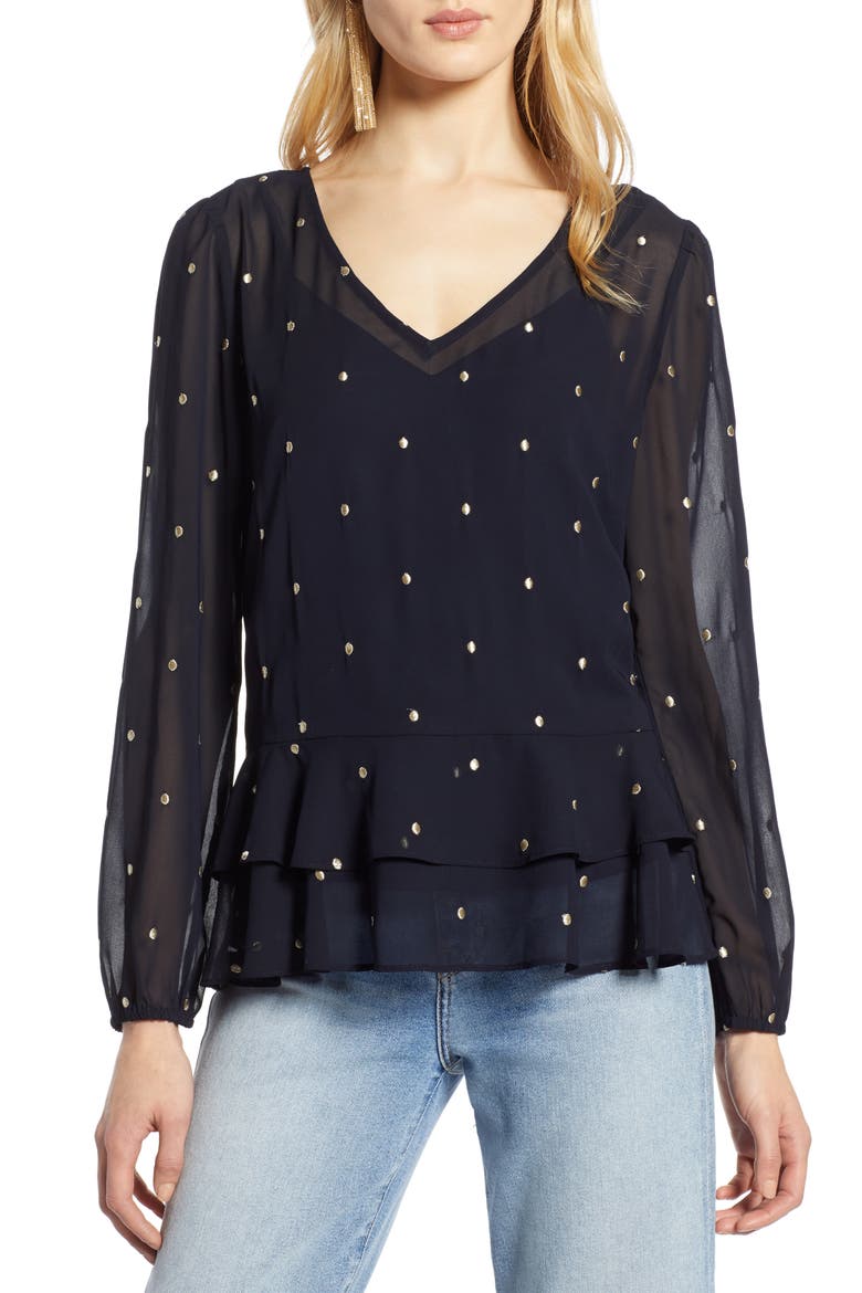 Ruffle Hem Metallic Dot Blouse, Main, color, NAVY- GOLD DOT