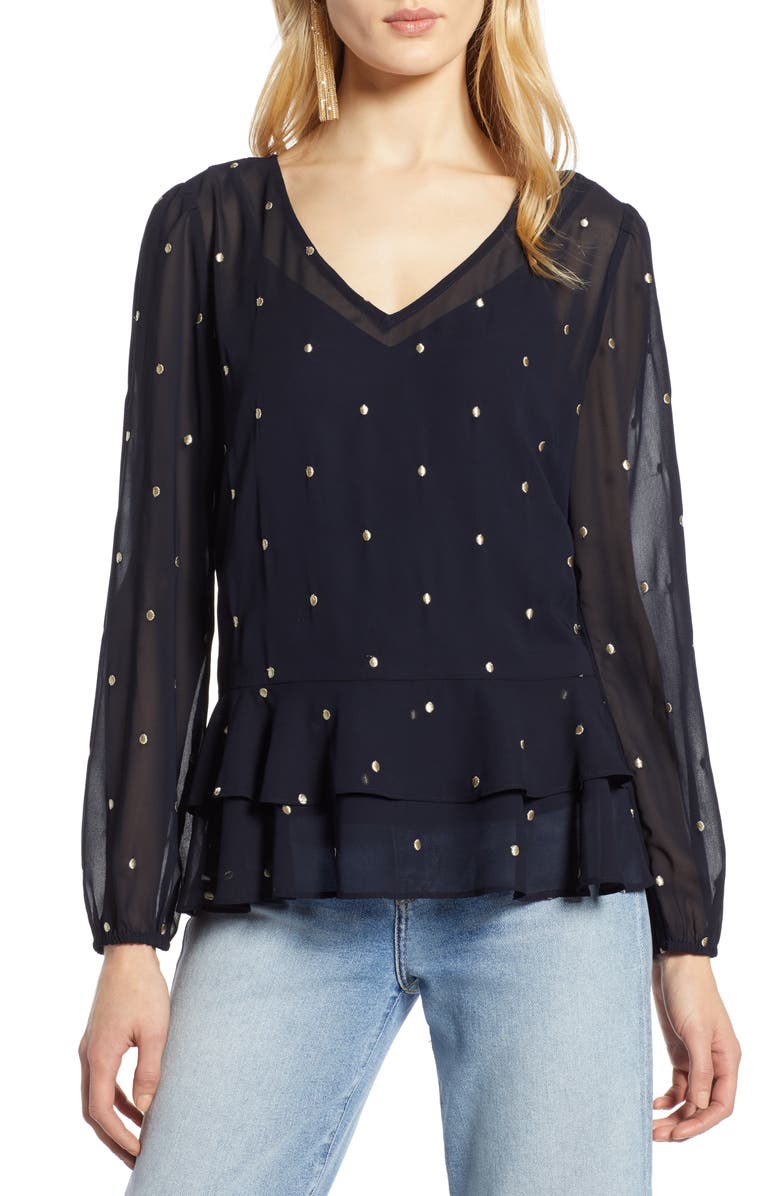 Halogen<sup>®</sup> Ruffle Hem Metallic Dot Blouse, Main, color,