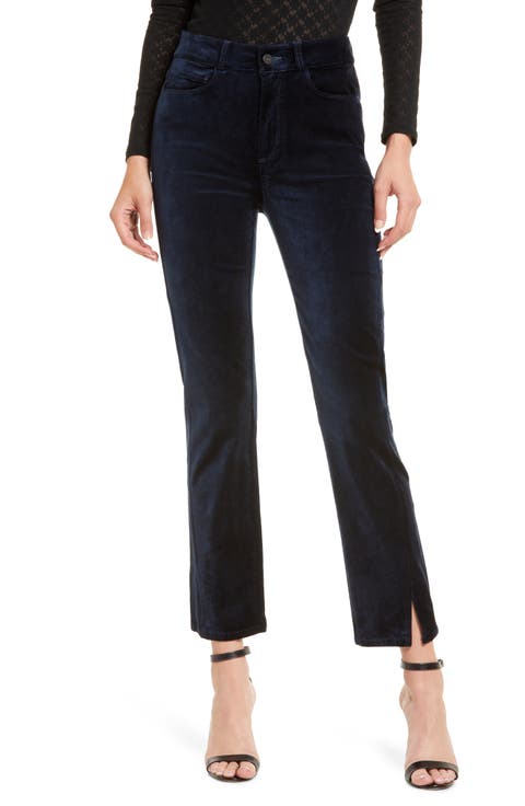Cindy High Waist Twist Seam Ankle Straight Leg Velvet Jeans (Deep Navy)
