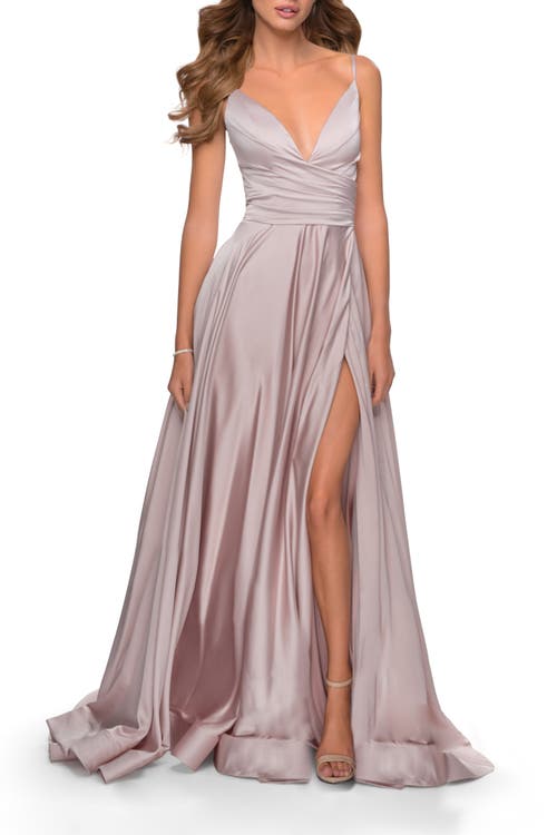 La Femme Long Satin Dress With Side Slit And V Shaped Back In Mauve