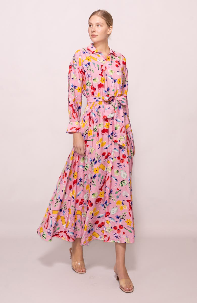 MELLODAY Print Long Sleeve Midi Shirtdress, Alternate, color, Pink Multi
