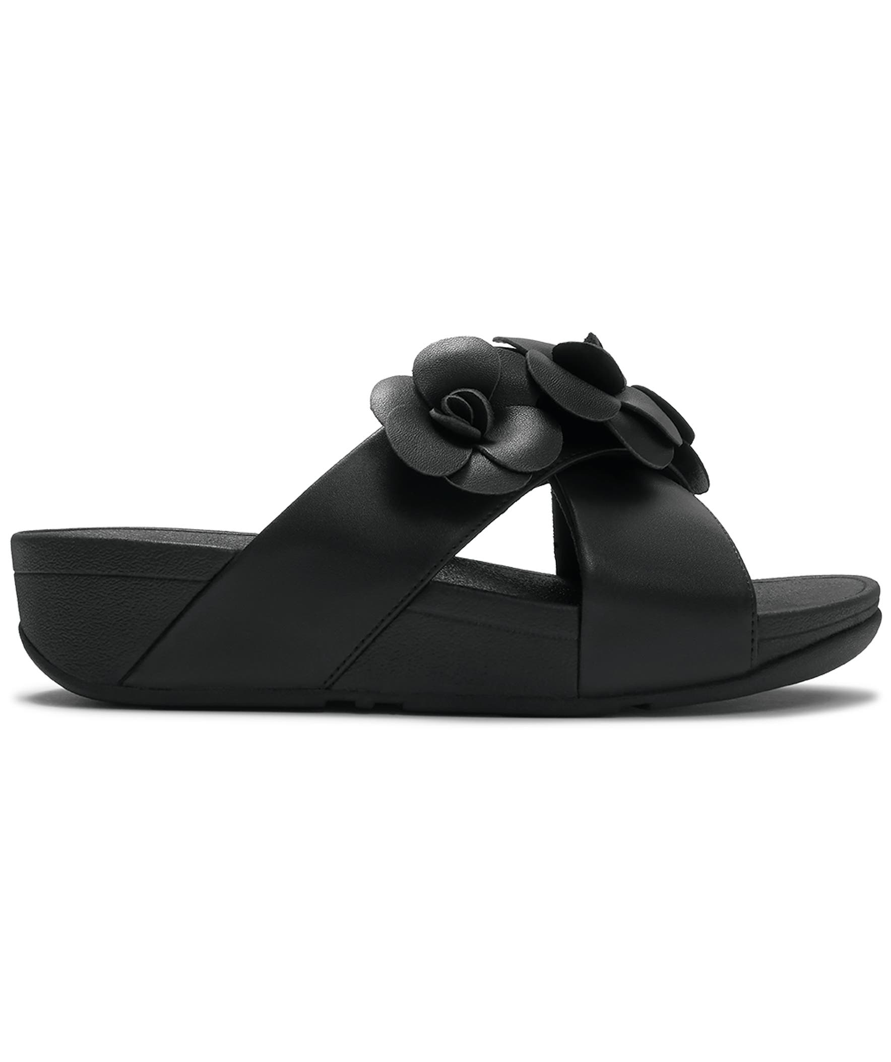 Lulu Flower Cross Slides, Alternate, color, Black