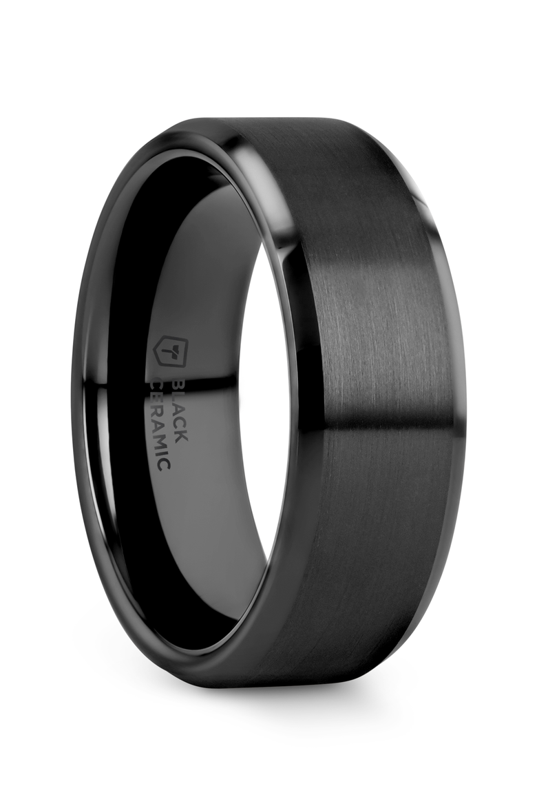 Yorkshire Brushed Ceramic Wedding Band With Polished Beveled Edges, Main, color, Black 8mm