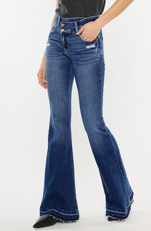Kancan Amaya High Rise Crossover Flare Jeans In Medium Wash