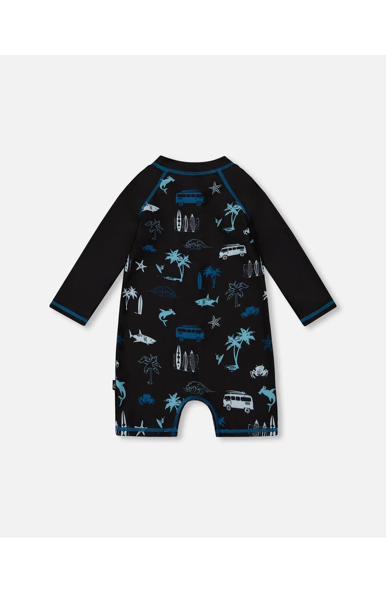 Deux par Deux Little Boy's Printed Long Sleeve Rashguard Light Blue Beach On Black, Alternate, color, 