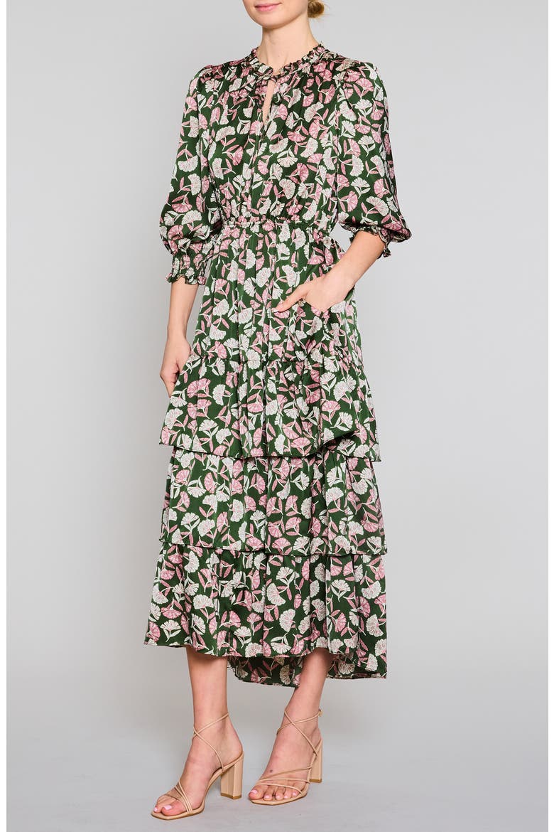 Puff Sleeve Tiered Midi Dress, Alternate, color, OLIVE MULTI