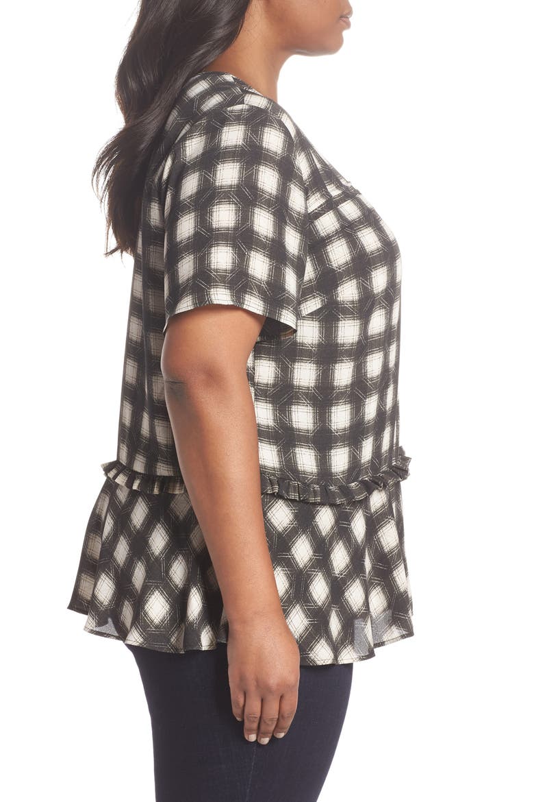Peplum Crepe Top, Alternate, color, BLACK- TAN AVA PLAID
