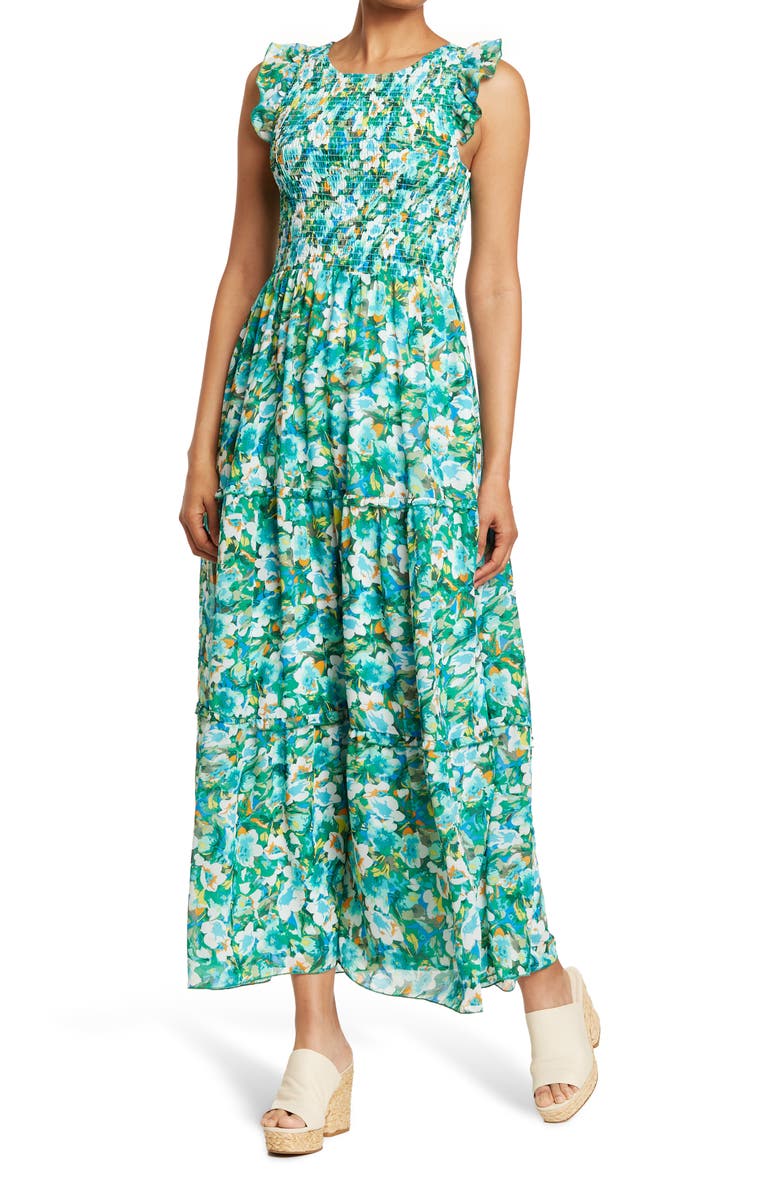 MELLODAY Smocked Floral Print Sleeveless Maxi Dress, Main, color, 