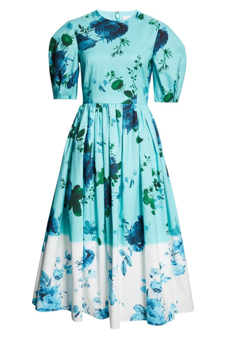 Dégradé Floral Puff Sleeve Cotton Dress, Alternate, color, KINGFISHER AND WHITE