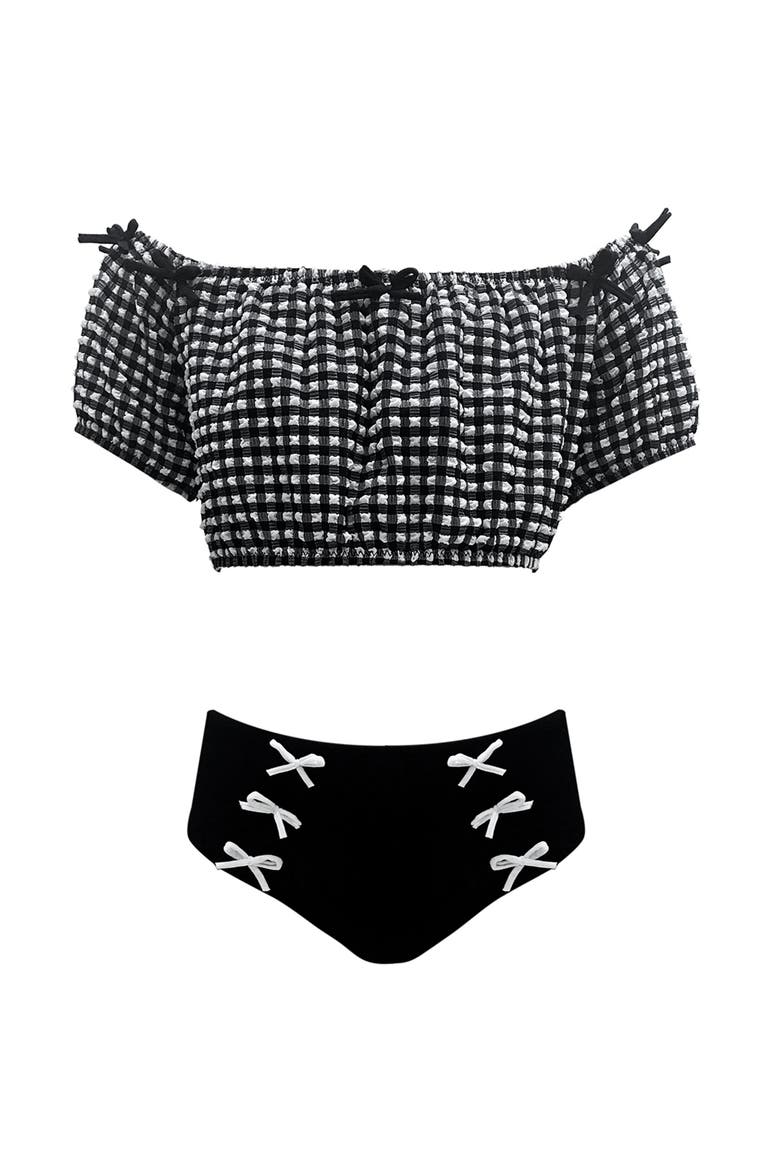 Checkered Off Shoulder & Lace-Up Two Piece Bikini,Toddler-Little Kid & Big Kid, Main, color, Black
