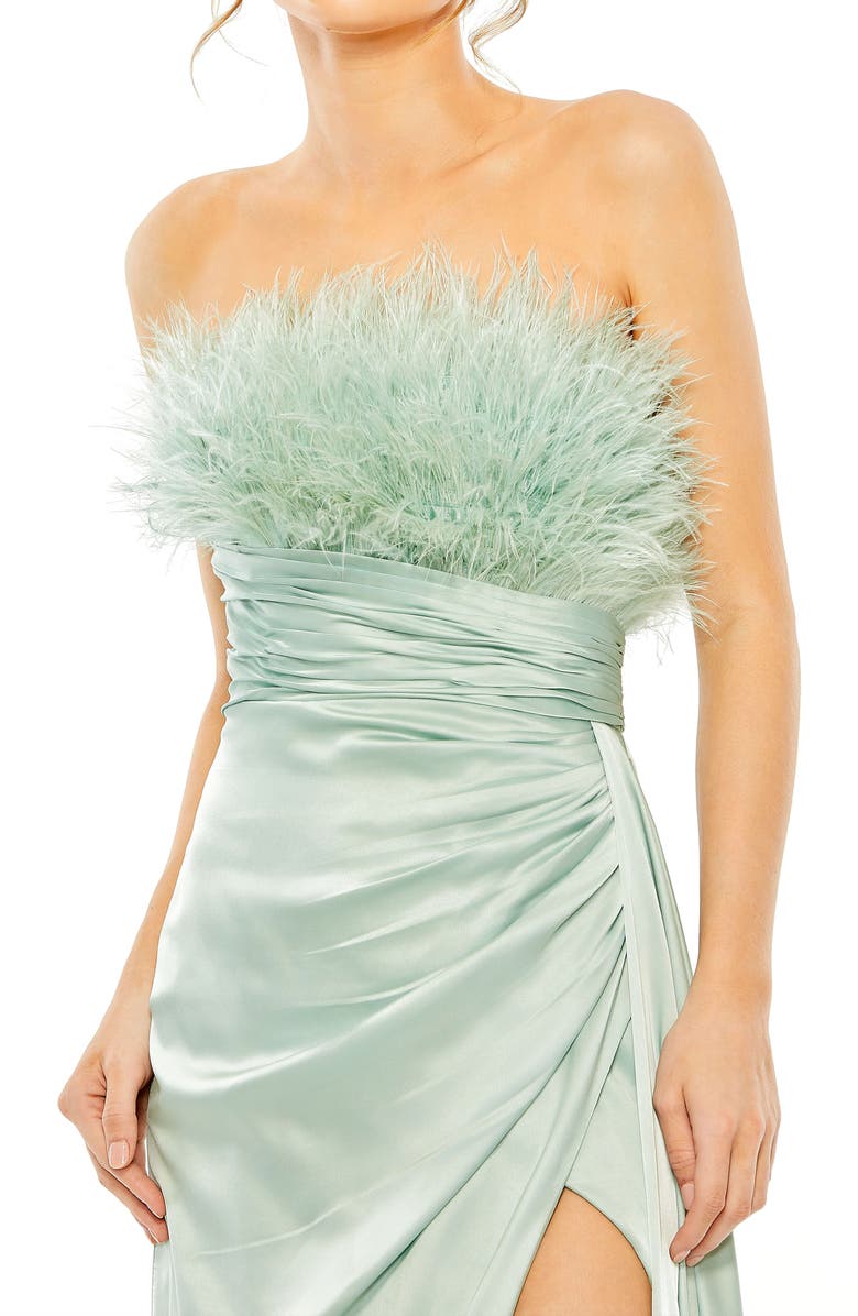 Mac Duggal Strapless Feather Detail Satin Gown, Alternate, color, Seafoam