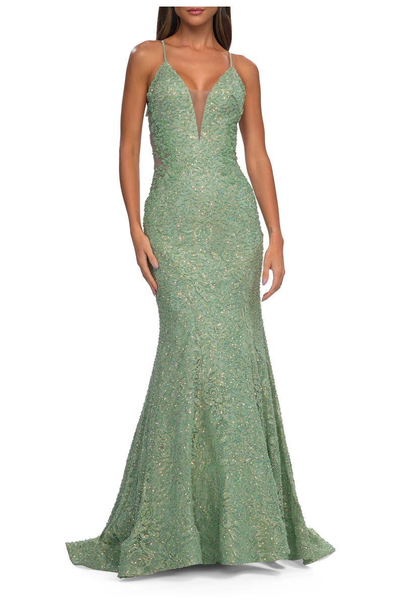 La Femme Mermaid Beaded Lace Prom Dress with Illusion Sides, Main, color, Sage