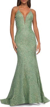 La Femme Mermaid Beaded Lace Prom Dress with Illusion Sides