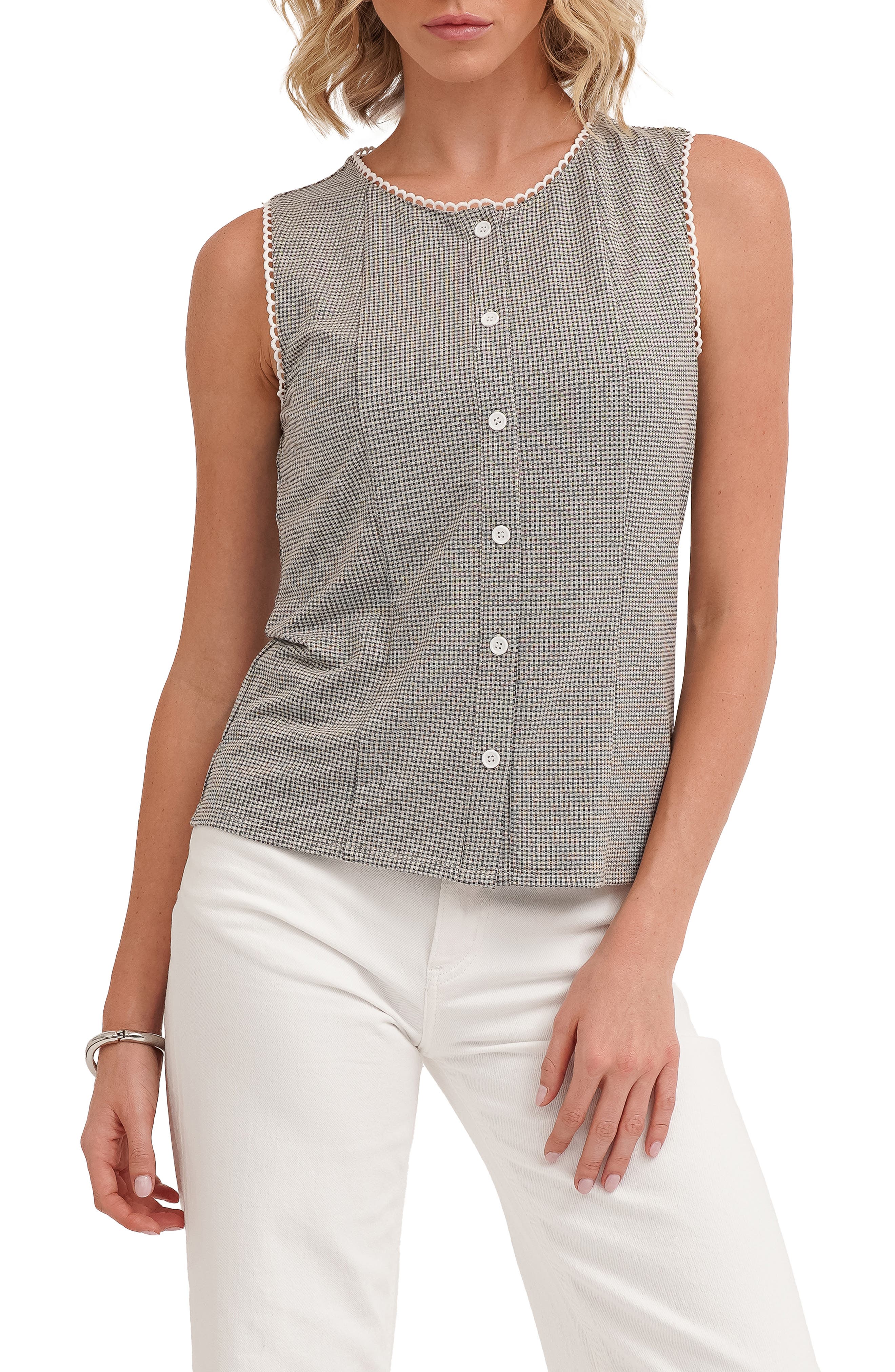 Picot Trim Sleeveless Houndstooth Top