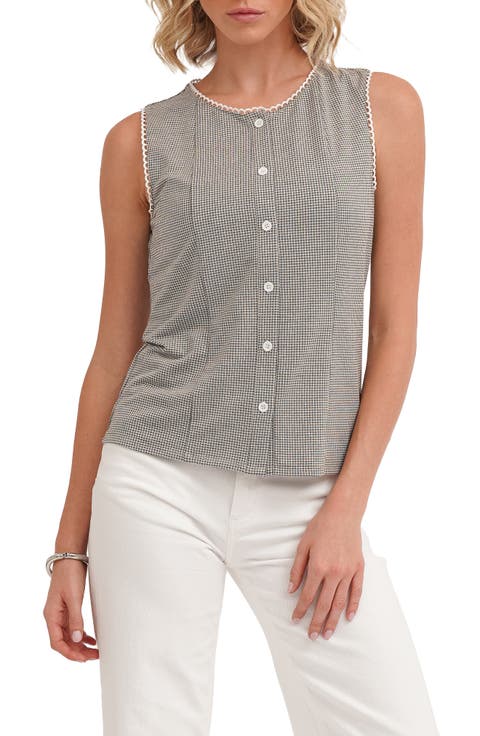 Picot Trim Sleeveless Houndstooth Top