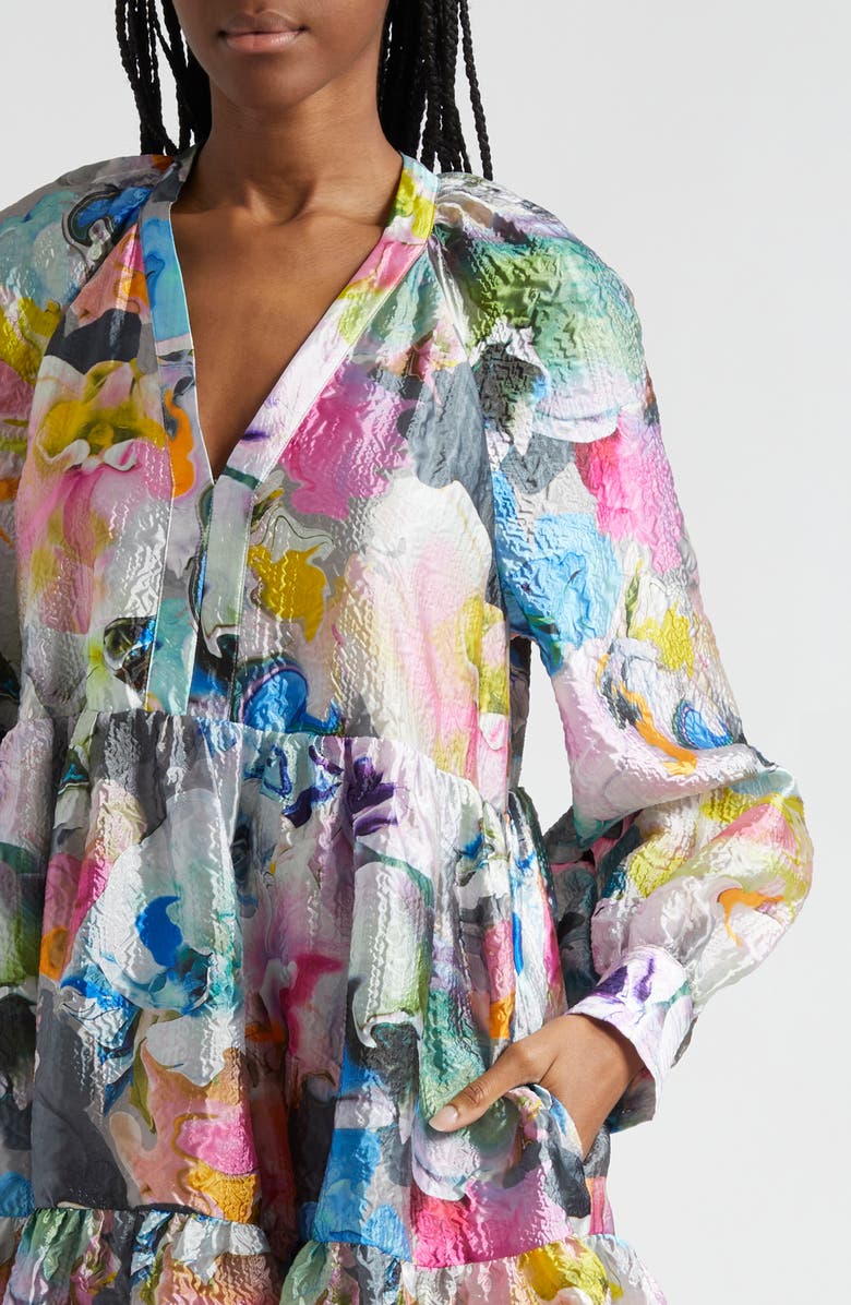 Stine Goya Jasmine Orchid Print Long Sleeve Cloqué Tiered Dress, Alternate, color,