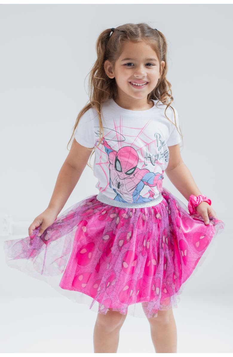 Marvel Spider-Man T-Shirt Skirt & Scrunchie Set, Alternate, color, White / Pink
