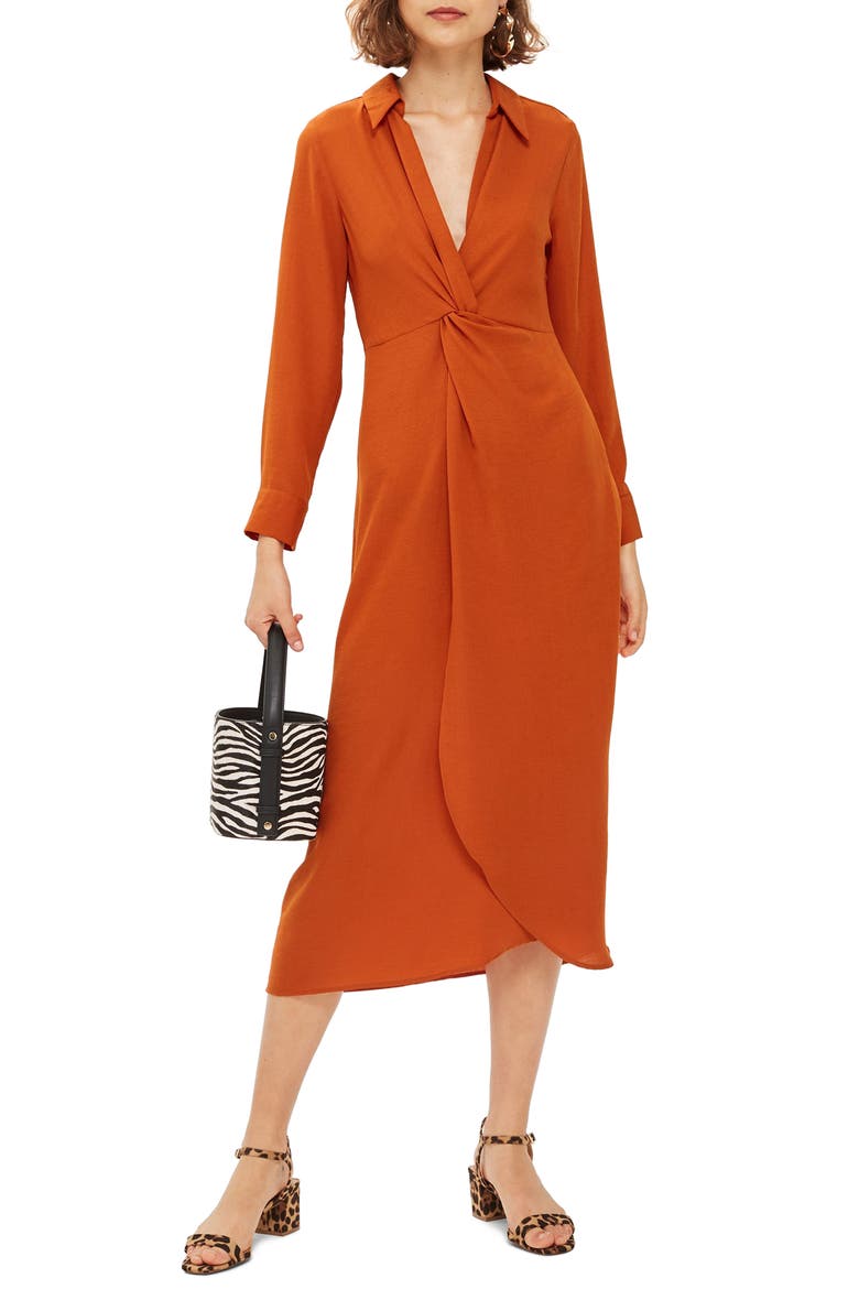 Twist Front Midi Dress, Main, color, BROWN