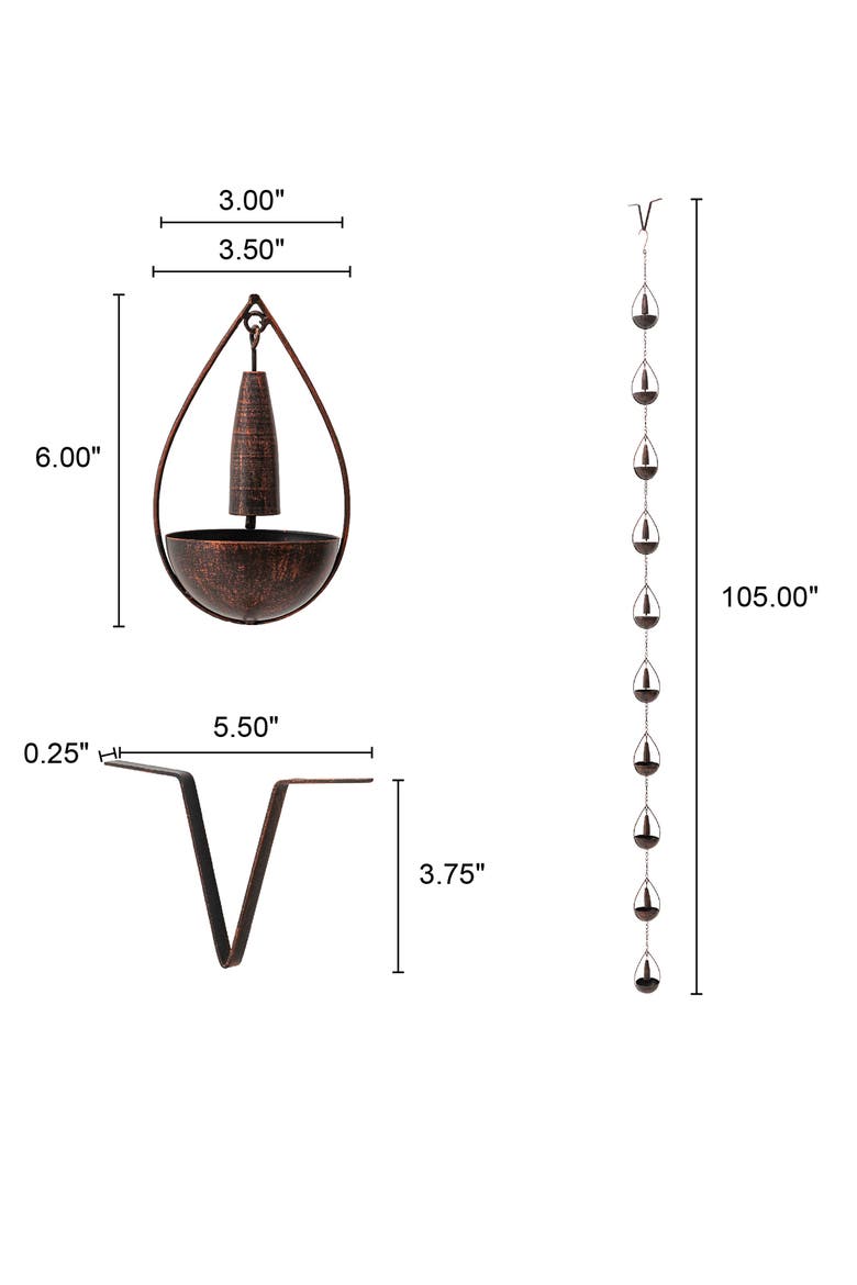 8.5ft 10-Piece Faux Copper Bowl and Bell Shaped Rain Chain with V-Shaped Gutter Clip, Alternate, color, Brown