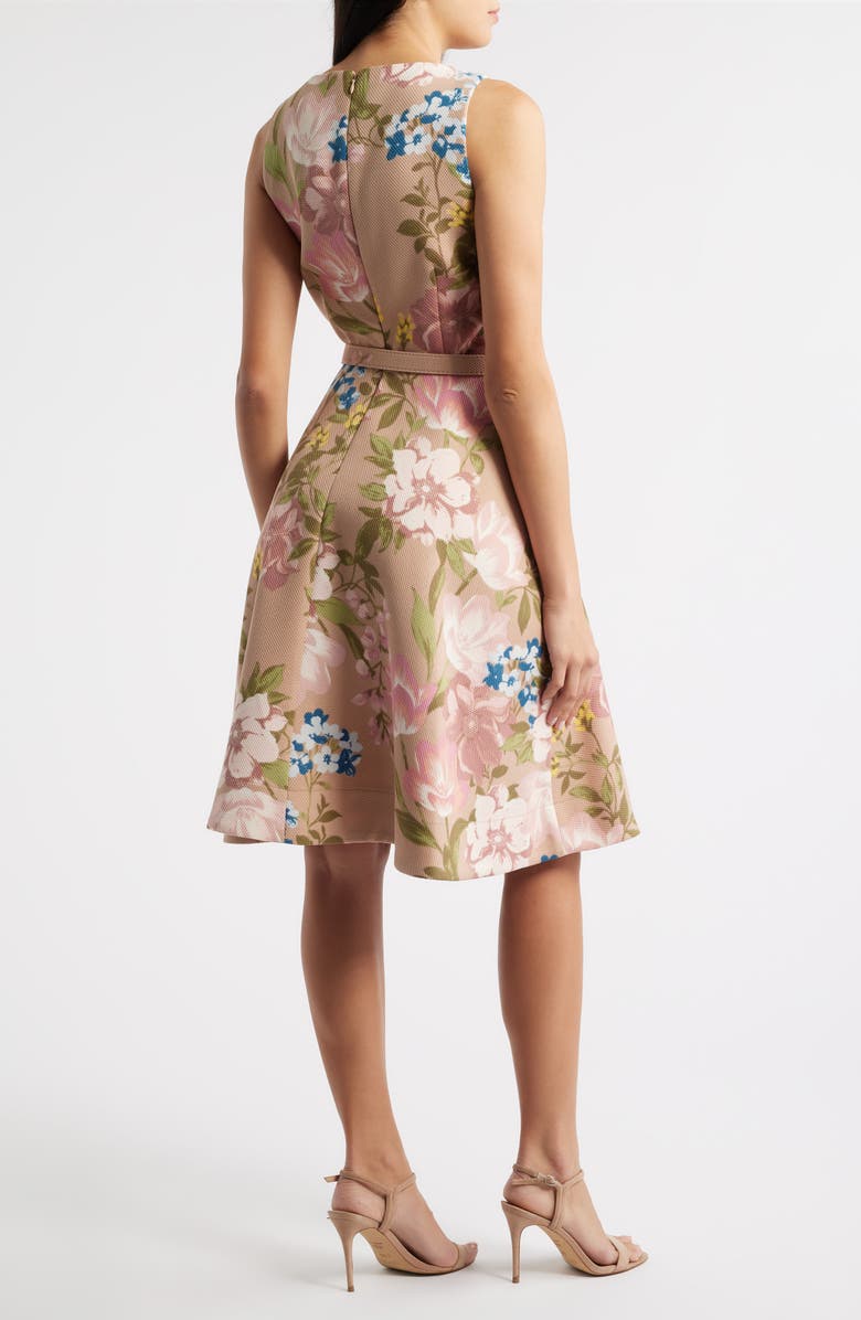 Tahari ASL Floral Pleat Neck Sleeveless Fit & Flare Dress, Alternate, color, Blush Toast