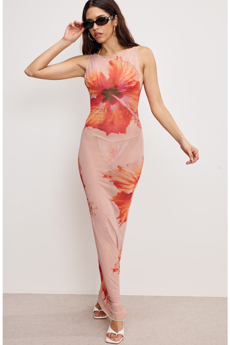 Gauze Mesh Cover-Up Maxi Dress, Alternate, color, MAUVE TROPICAL HIBISCUS001