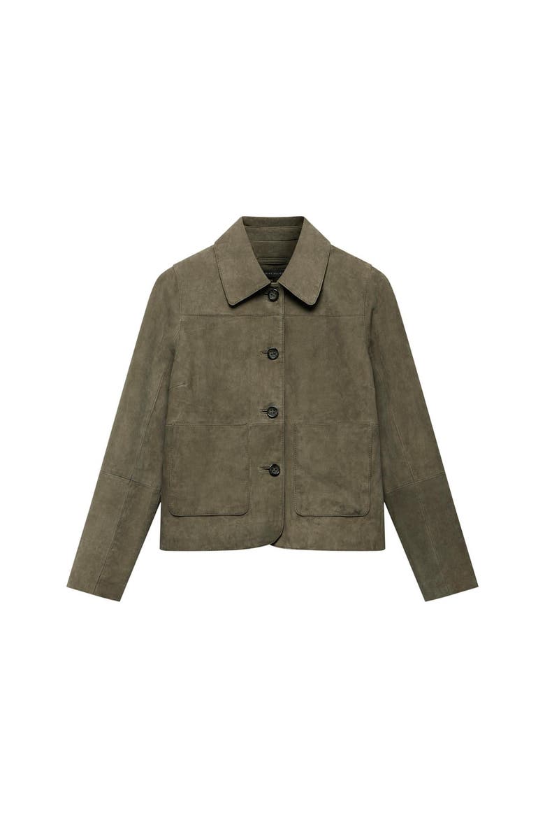 Suede Jacket with Classic Collar & Button-Front Pockets, Alternate, color, Khaki