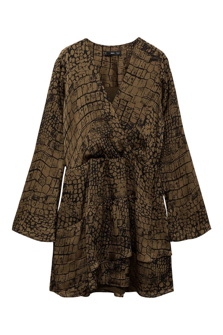 Animal Print Ruffle Long Sleeve Dress, Alternate, color, BROWN