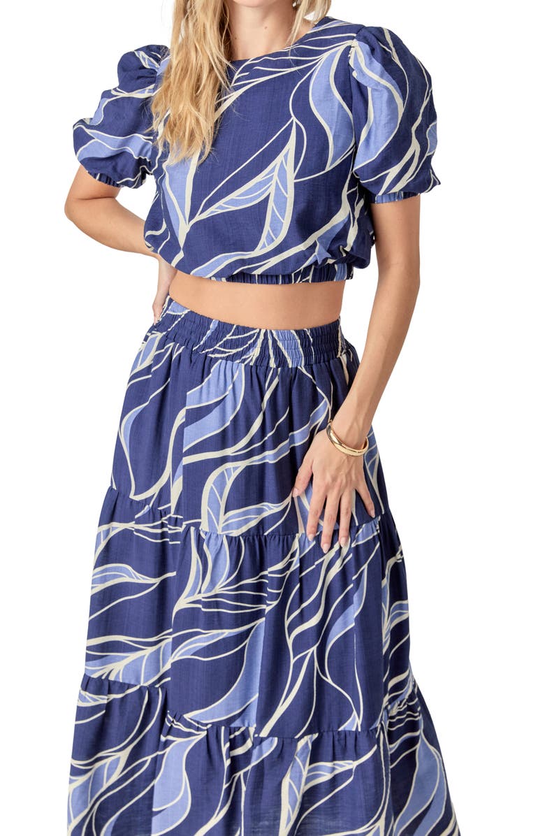 English Factory Print Puff Sleeve Crop Top, Alternate, color, Navy/ Blue Multi