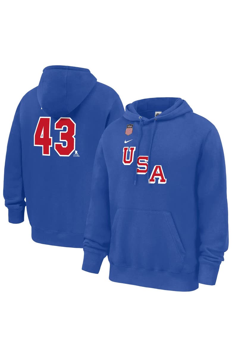 Nike Men's Nike Quinn Hughes Royal US Hockey 2026 Name & Number Hoodie, Main, color, Royal